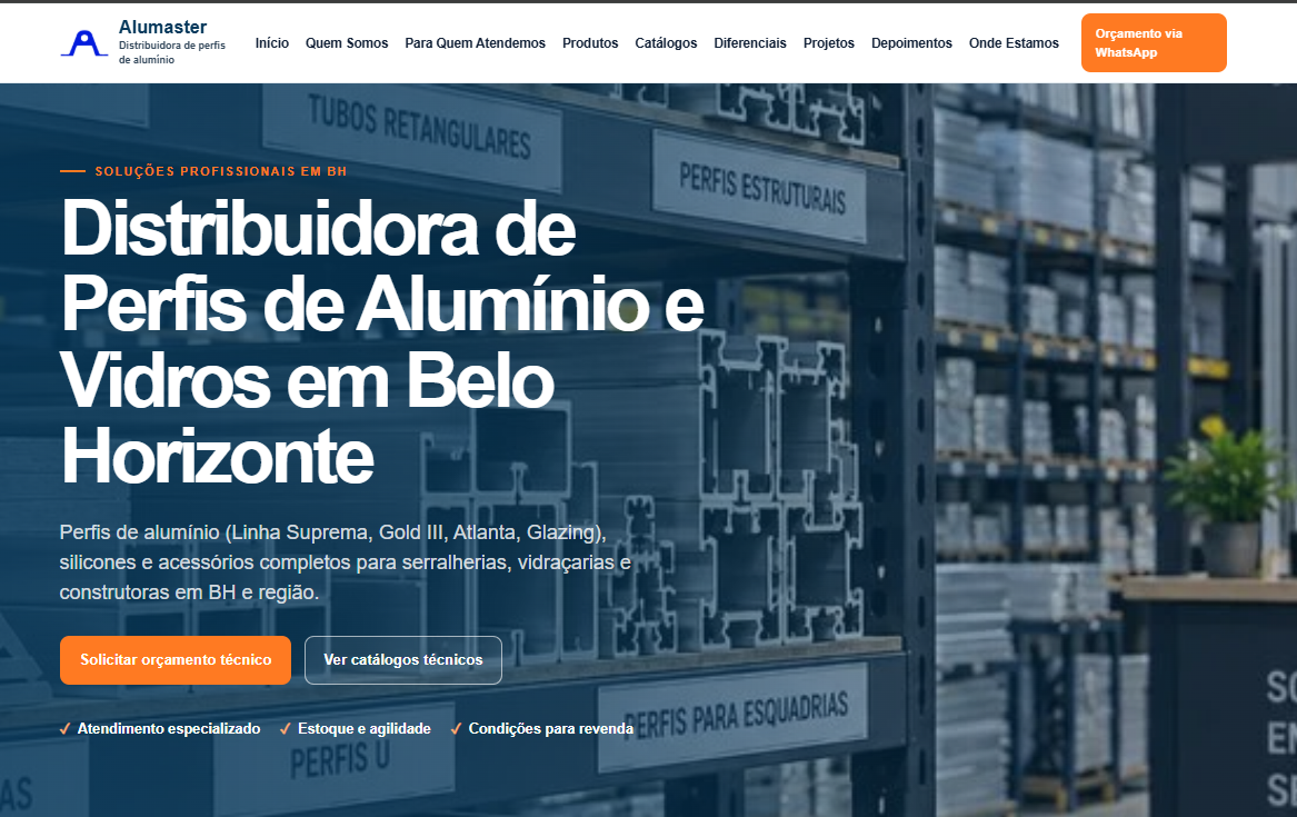 Captura atual do site da Alumaster, distribuidora de perfis de alumínio em Belo Horizonte