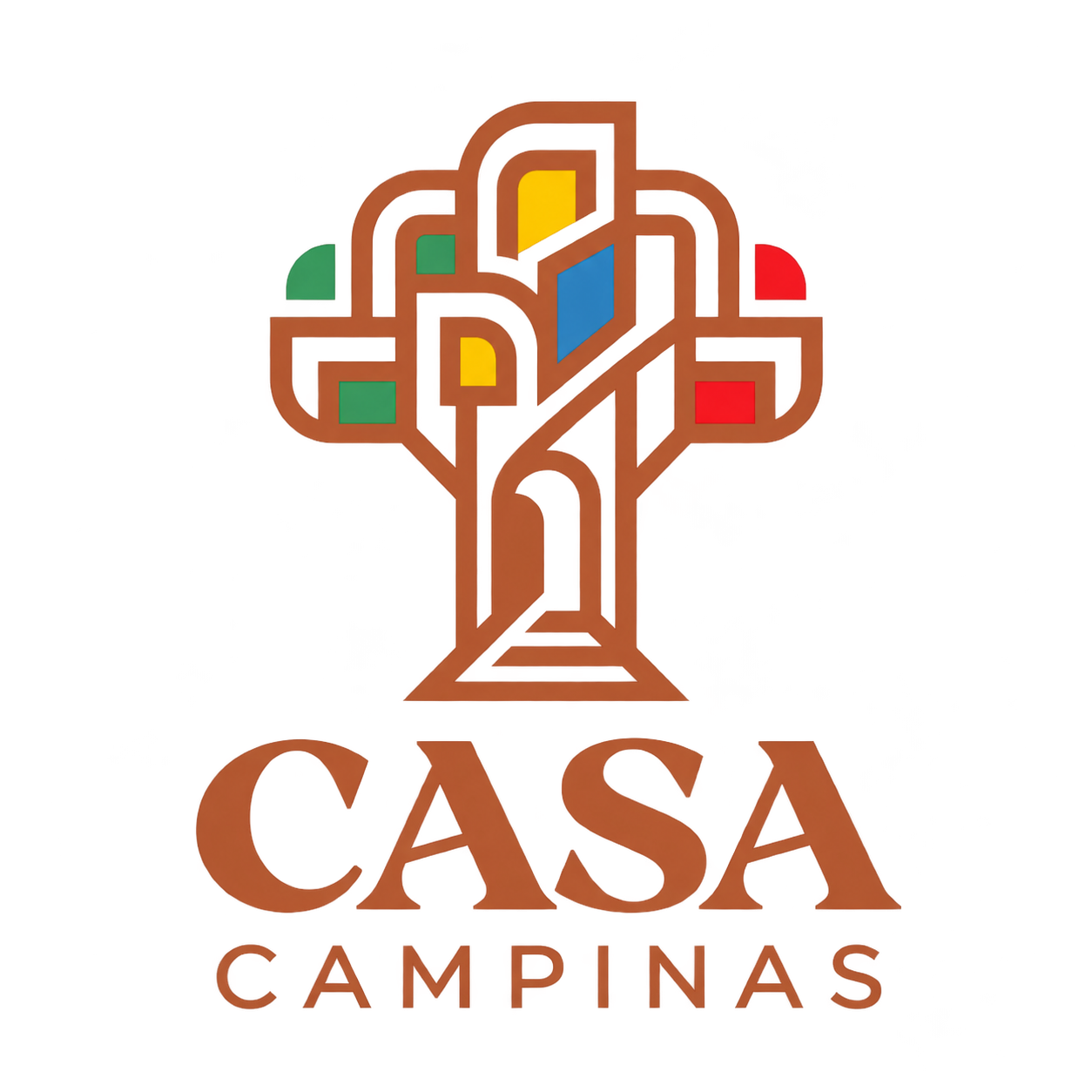 Logomarca Casa Campinas com casa estilizada em mosaico colorido
