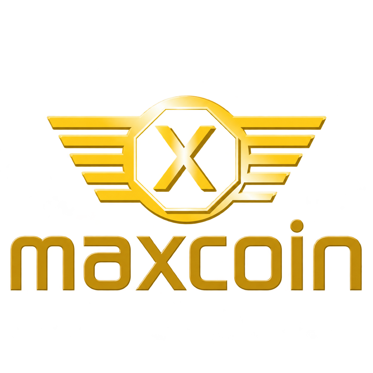 Logomarca Maxcoin com asas douradas e símbolo X