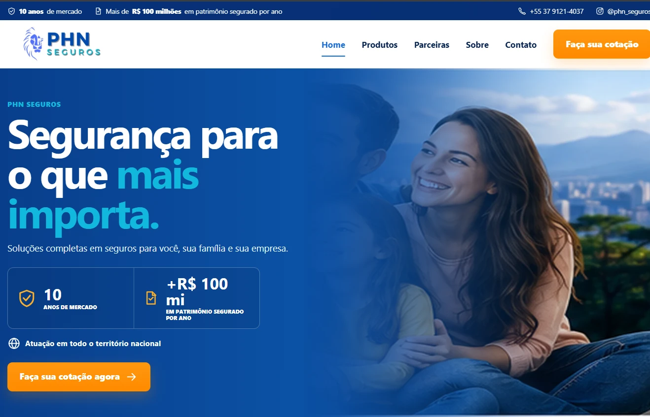 Captura do site da PHN Seguros com 10 anos de mercado e R$ 100 milhões em patrimônio segurado por ano
