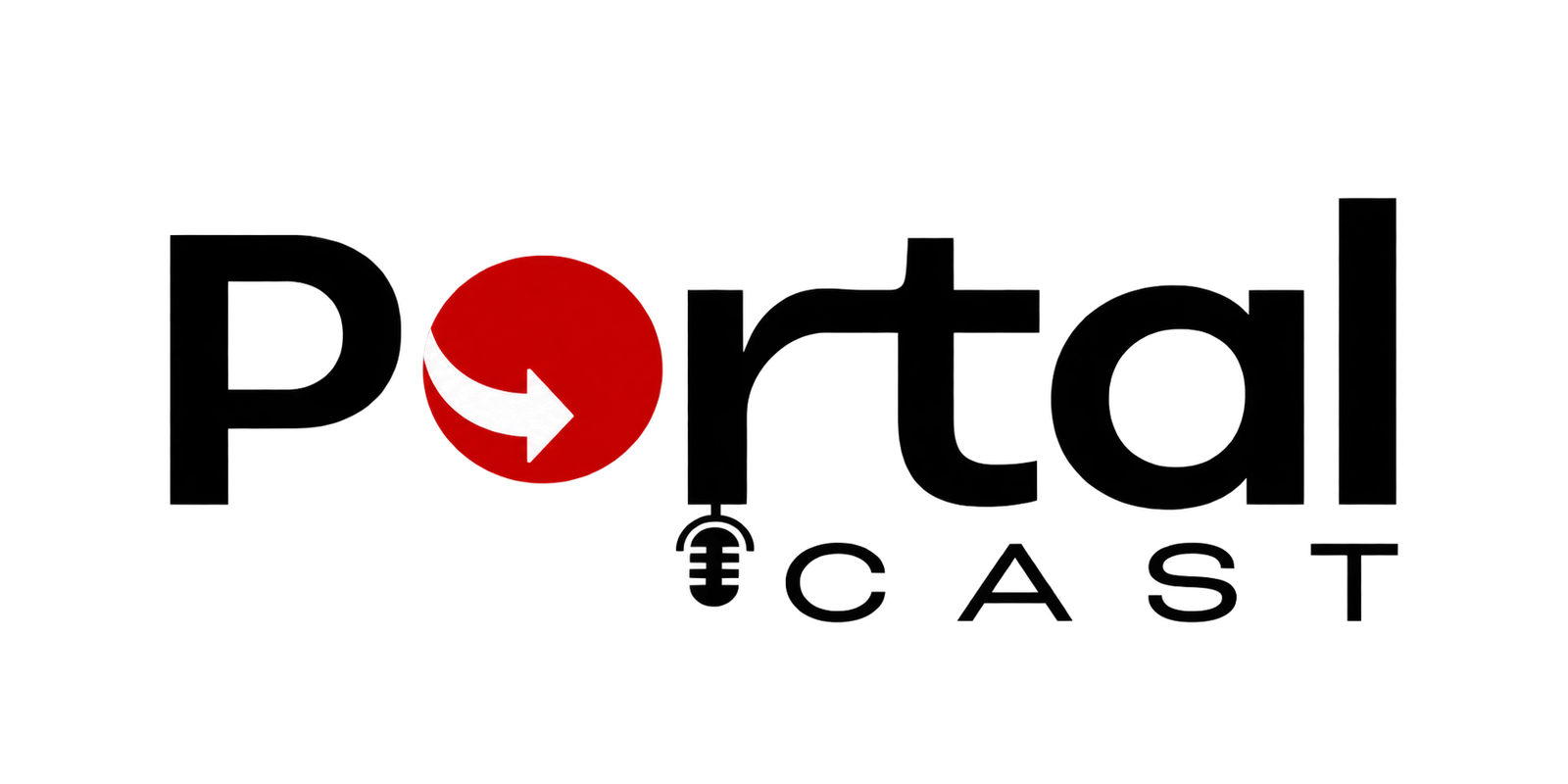 Logomarca Portal Cast com microfone estilizado em preto e vermelho