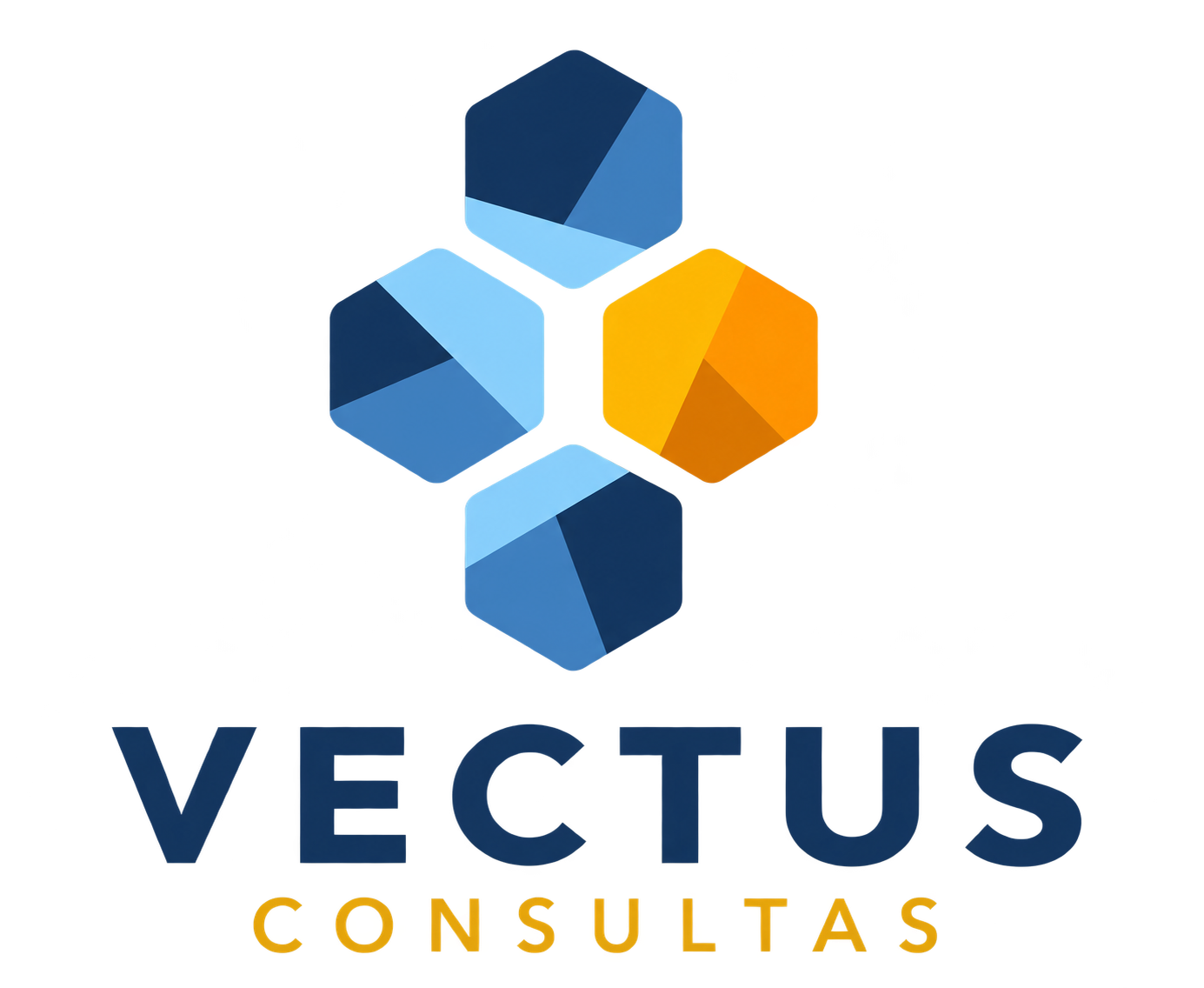 Logomarca Vectus Consultas com três hexágonos coloridos